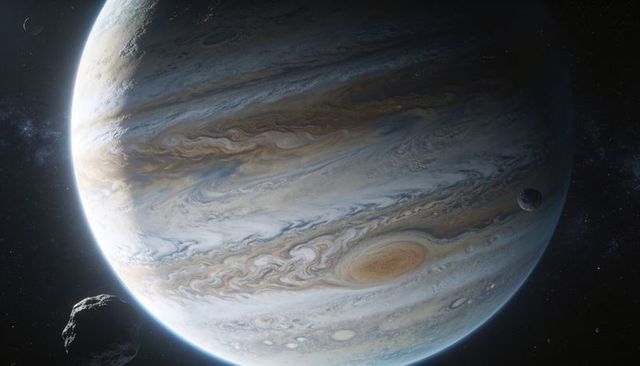 Banded gas giant displaying great oval storm, orbiting moons and passing asteroids