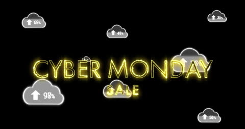 Cyber Monday Sale with Floating Cloud Icons in Neon Glow