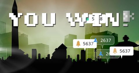 winning digital game display over modern cityscape - Download Free Stock Images Pikwizard.com