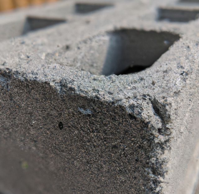 Close-up view of the corner of a cinder block, showcasing its rough, textured surface and angular design. Ideal for use in construction industry marketing, educational content about building materials, or architectural design presentations.