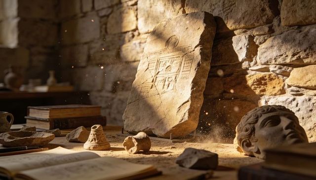 Carved stone tablet leaning on restoration bench, conserving classical terracotta artifacts