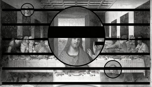 Monochrome renaissance banquet featuring graphic black bars and central robed figure