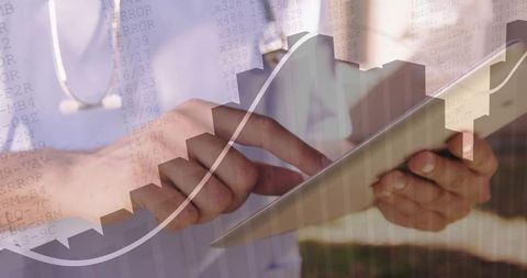 Doctor tapping tablet with digital healthcare analytics and rising chart overlay for clinical data