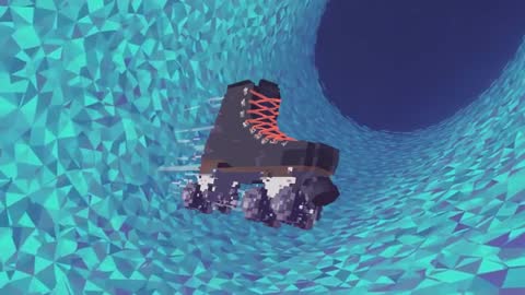 Rolling quad skate spiraling through faceted teal tunnel toward dark void, leaving pixel trail