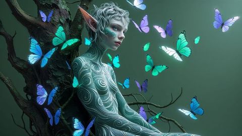 Enchanted elf with glowing butterflies in mystical woods