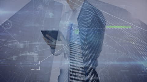 Businessman Utilizing Digital Tablet with Data Analytics Overlay