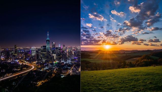 Split-Frame City Nightscape and Rural Sunset Contrasting Urban Lights with Golden Horizon