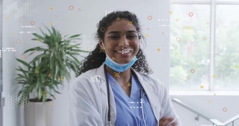 Confident Woman Doctor with Digital Technology Overlays in Clinic