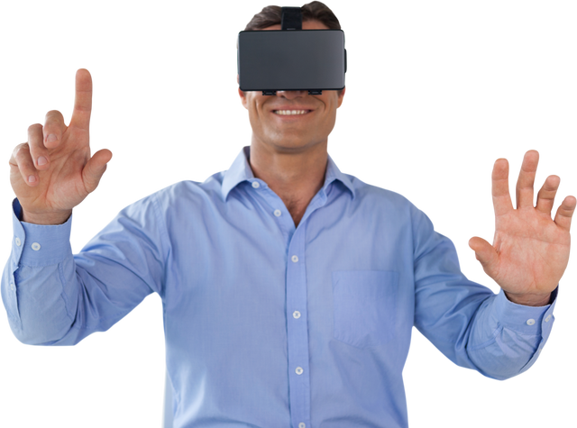 Smiling Businessman Wearing VR Glasses Touching Transparent Interface - Download Free Stock Videos Pikwizard.com