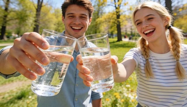 Young couple toasting sparkling water in sunny park, smiling, hydration and wellness