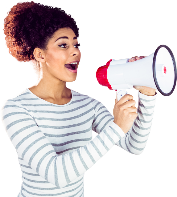 Transparent woman with curly hair using megaphone for announcement - Download Free Stock Videos Pikwizard.com