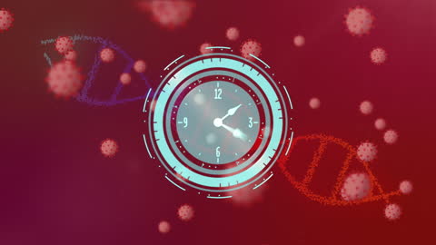 Clock Spinning Over DNA and Cells on Red Background