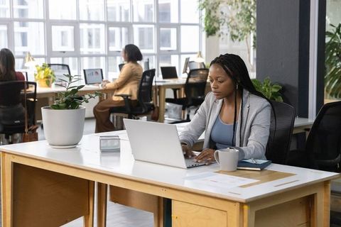 Black woman working on laptop in coworking space with plants and daylight analyzing data