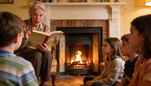 Grandmother reading bedtime story by fireplace while children listen on rug cozy evening
