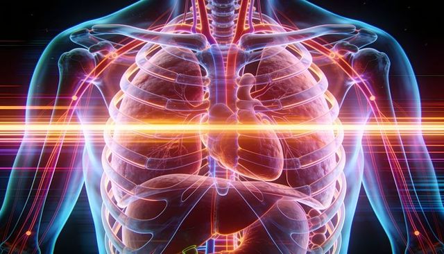Translucent thoracic hologram highlighting heart lungs rib cage in neon medical view