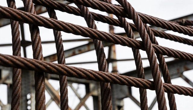 Twisting rusted steel cables crossing weathered bridge truss showing industrial texture