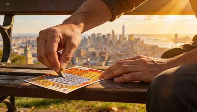 Hands scratching lottery ticket on park bench overlooking city skyline at golden hour