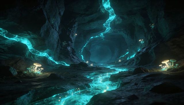 Glowing turquoise river winding through bioluminescent cave with luminous mushrooms