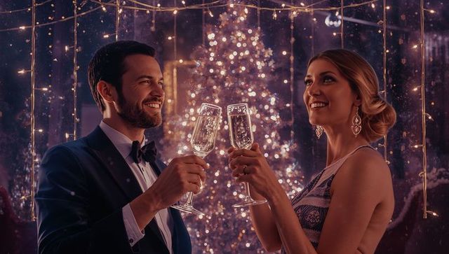 Couple Toasting in Elegant Holiday Setting with Sparkling Lights