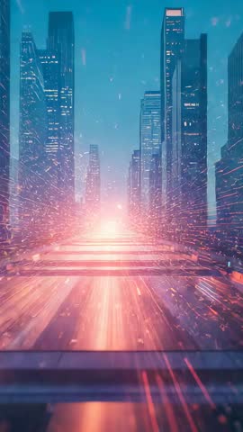 Neon Light Rails Racing Through Futuristic City Corridor Vertical Video Loop