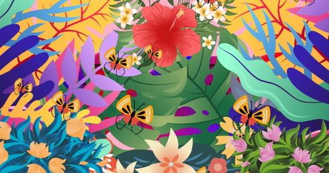 Colorful Butterflies Amidst Vibrant Tropical Blossom