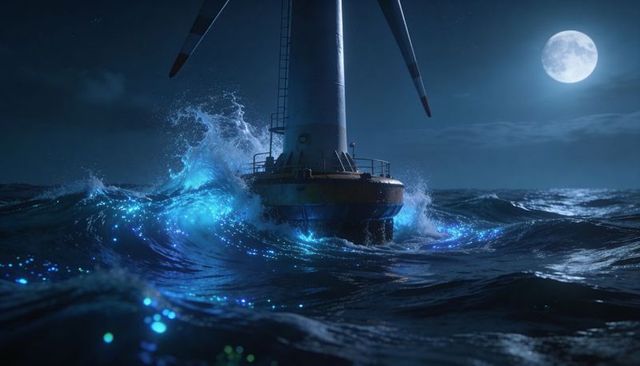 Moonlit offshore wind turbine platform roaring through bioluminescent storm-tossed ocean