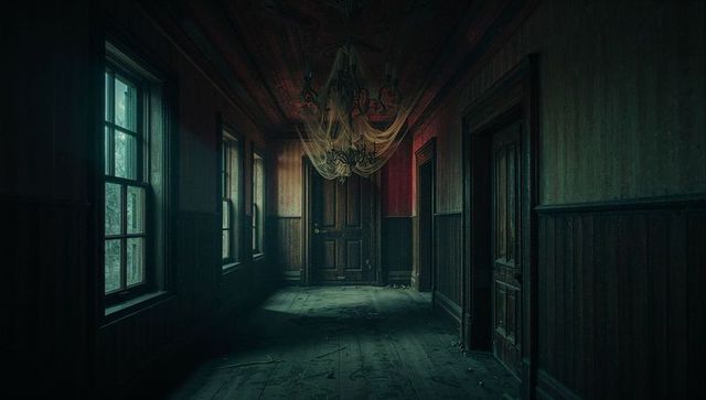 Abandoned Gothic Corridor with Tattered Chandelier