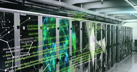 data processing algorithms overlaid on modern server room - Download Free Stock Images Pikwizard.com