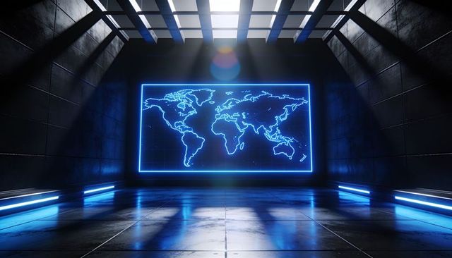Neon blue world map panel in futuristic high-tech chamber with reflective floor