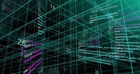 Futuristic 3d digital grid in cyberspace with floating codes