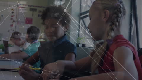 Diverse Schoolchildren Collaborating in Classroom with Digital Overlay