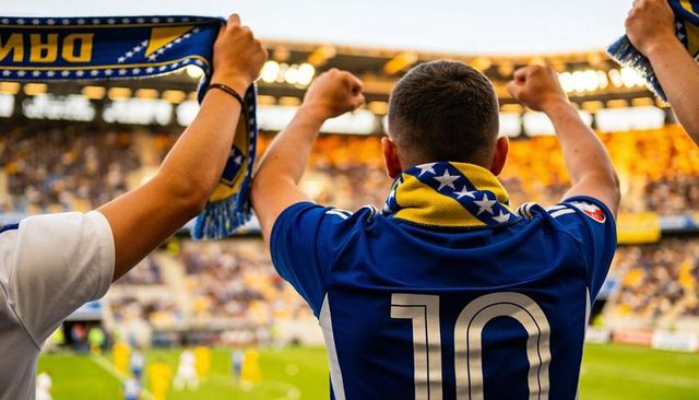 Passionate football fan wearing number 10 jersey and blue-yellow scarf cheering in stadium