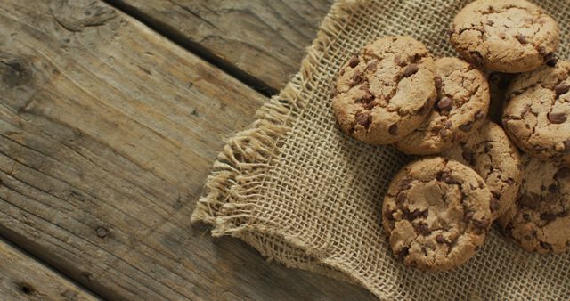 Freshly baked chocolate chip cookies arranged on a rustic piece of burlap placed on an aged wooden surface. Perfect for food blogs, bakery advertisements, cookbooks, social media posts, and recipe illustrations that emphasize homemade and rustic themes.