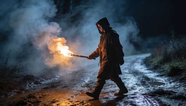 Hooded wanderer walking with burning torch along muddy night road under moonlit sky
