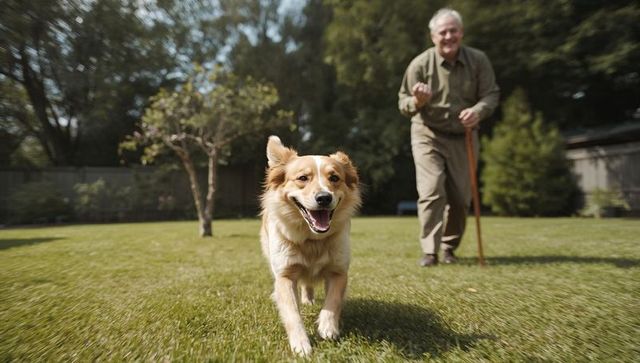 Dog Chasing Ball While Senior Watches in Peaceful Yard