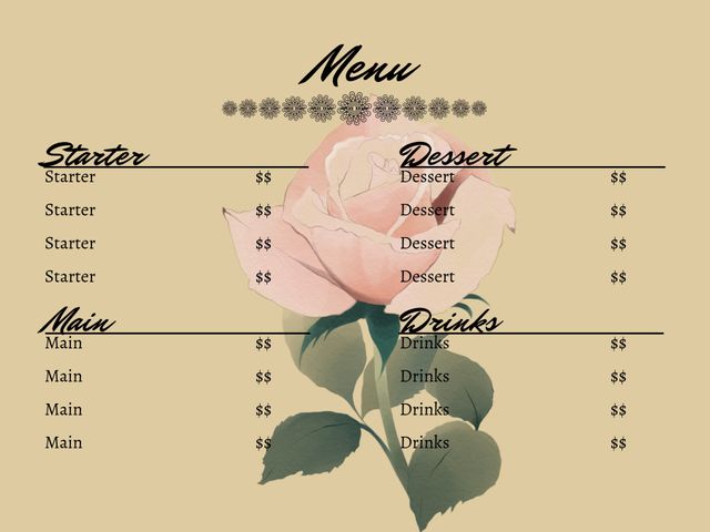 This elegant rose-themed menu template is perfect for romantic dining events and special occasions. Featuring a soft floral background with charming typography, it is ideal for restaurants, cafes, and catering services looking to add a touch of romance to their menu presentation. Use it for themed dinners, anniversaries, or any event where you want to create a romantic atmosphere.