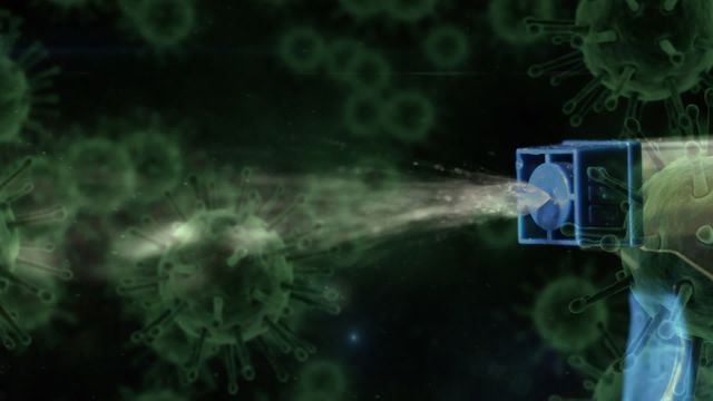 This video illustrates a disinfectant spray interacting with COVID-19 cells in a dark background. This can be used in educational materials about cleanliness and hygiene, in awareness campaigns regarding pandemic measures, or in health and safety guidelines for dealing with viruses.