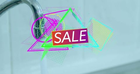 Vibrant sale banner over chrome faucet and water stream