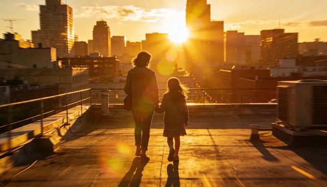 Mother and daughter walking holding hands on rooftop at golden sunset with city skyline