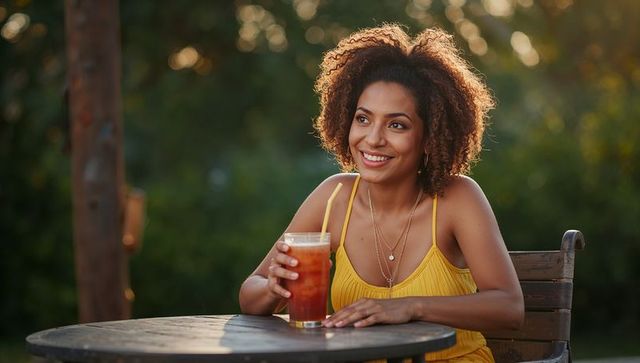 Smiling woman sipping iced drink in yellow sundress at sunlit patio table
