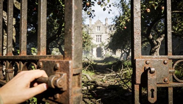 Hand opening rusted wrought-iron gate leading through overgrown orchard to abandoned manor
