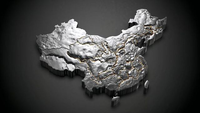 Metallic 3d relief map of china featuring gold rivers
