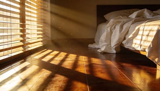Golden morning sunlight casting blinds shadows across hardwood floor and rumpled bedding