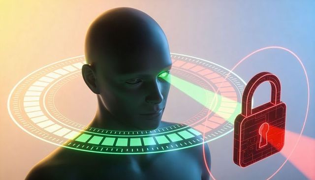 Futuristic biometric scanning mannequin projecting holographic padlock with hud rings