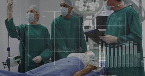 Team of doctors performing surgery in operating room with medical chart overlay