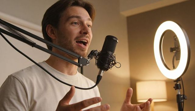 Male creator recording podcast in cozy home studio with condenser mic and ringlight