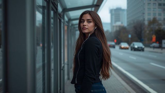 Stylish Woman Waiting at Bus Shelter in Urban Setting