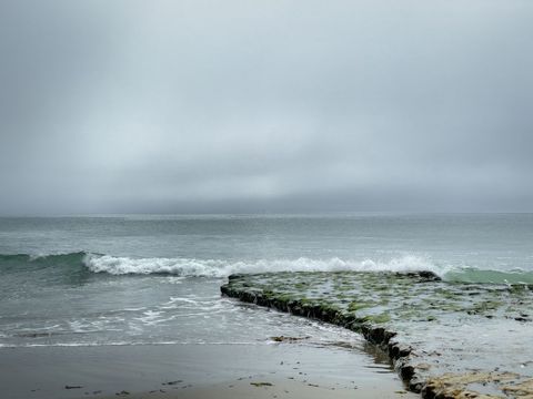 Serene ocean and mossy rock jetty at overcast beach