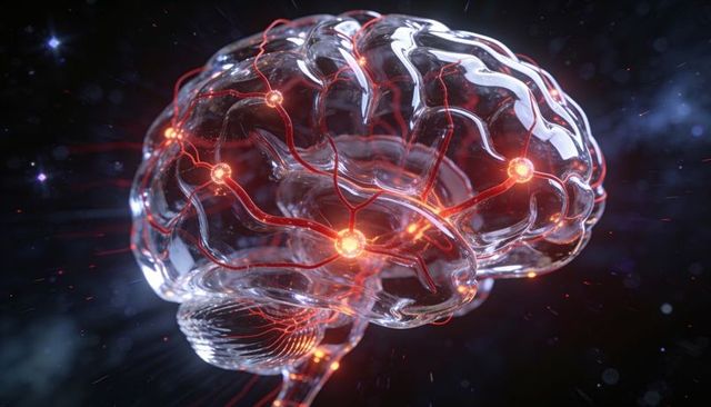 Transparent glass brain with glowing neural pathways and holographic synapse nodes