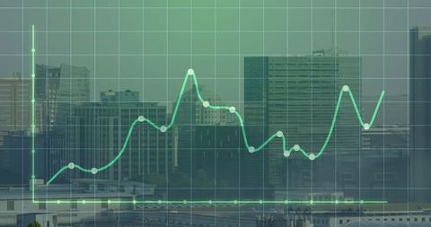 City Skyline with Overlaid Transparent Business Line Graph